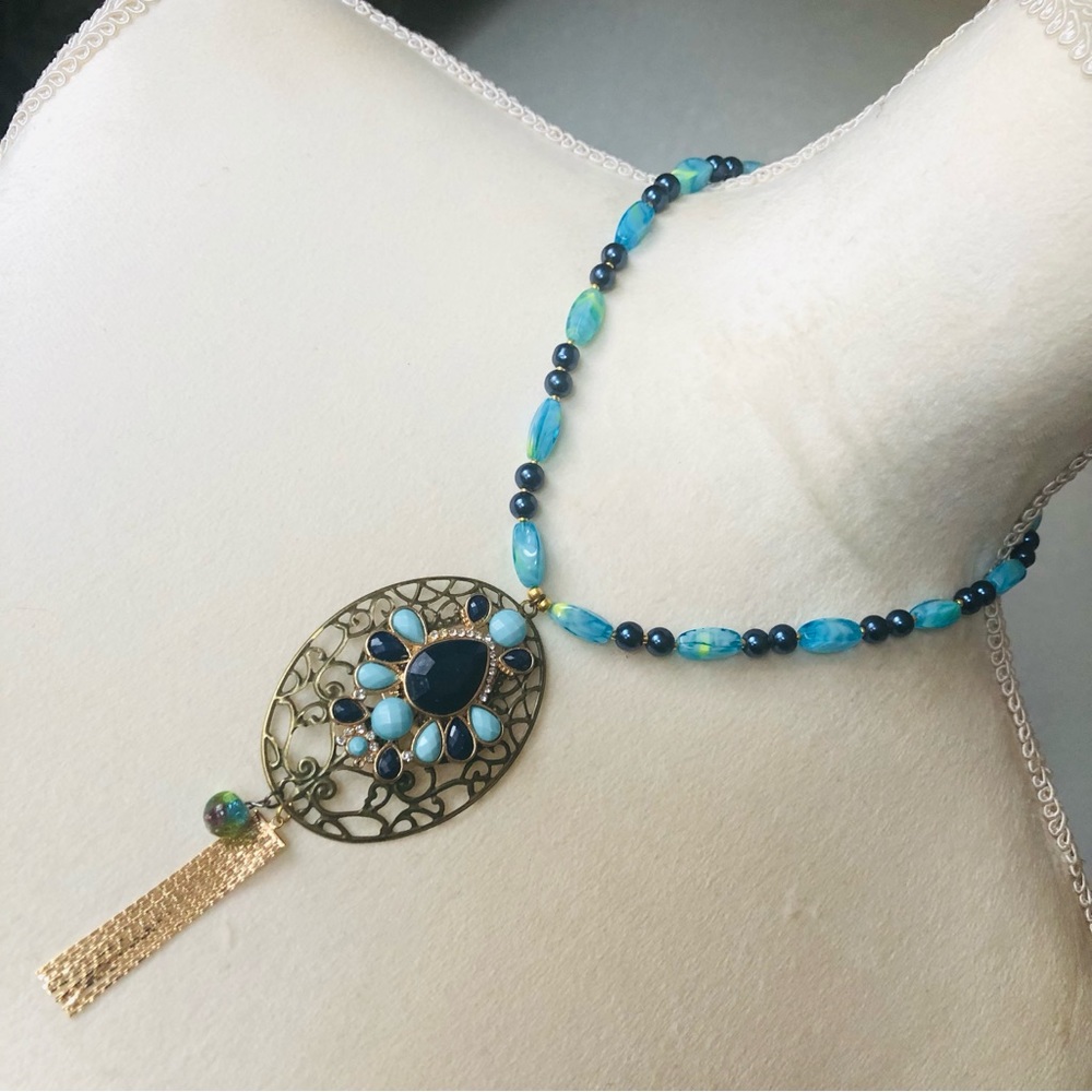 Handcrafted repurpose faceted stone filigree pendant Czech glass Pearl necklace